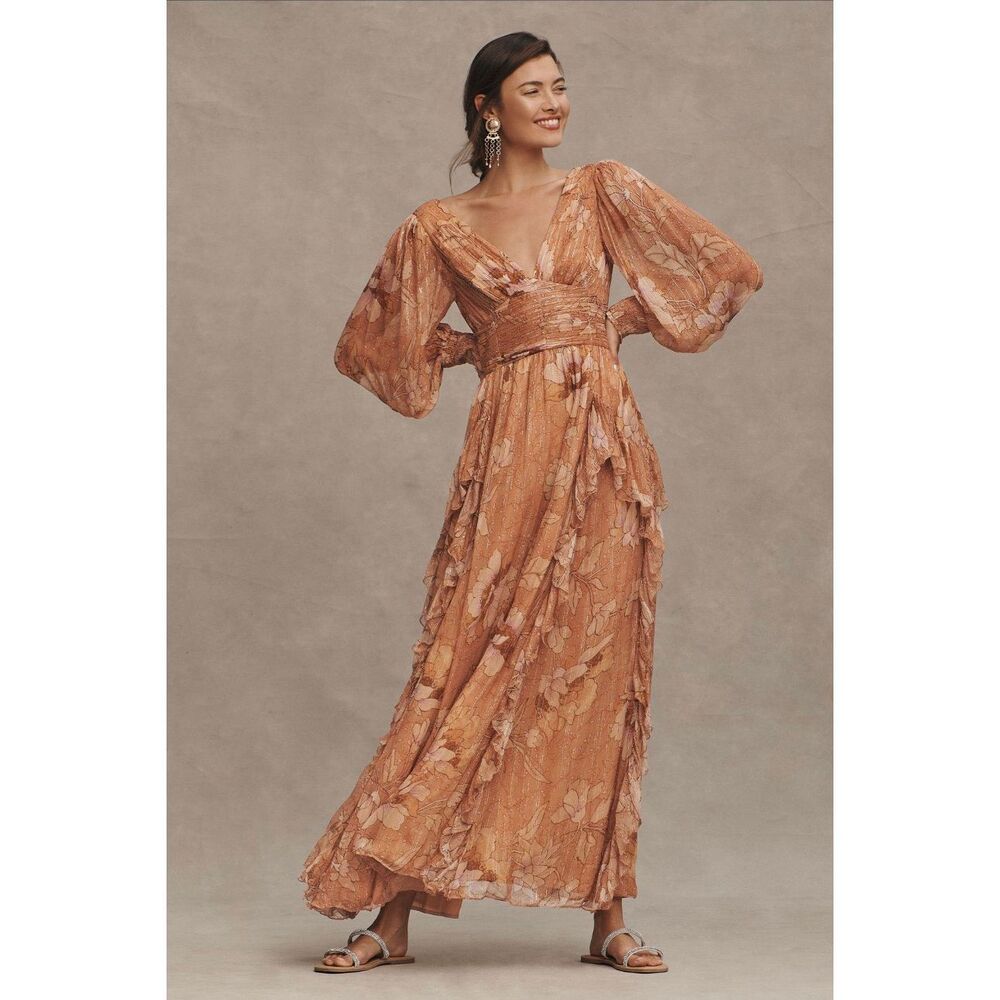 BHLDN V-Neck Long-Sleeve Printed Chiffon Gown M Bronze